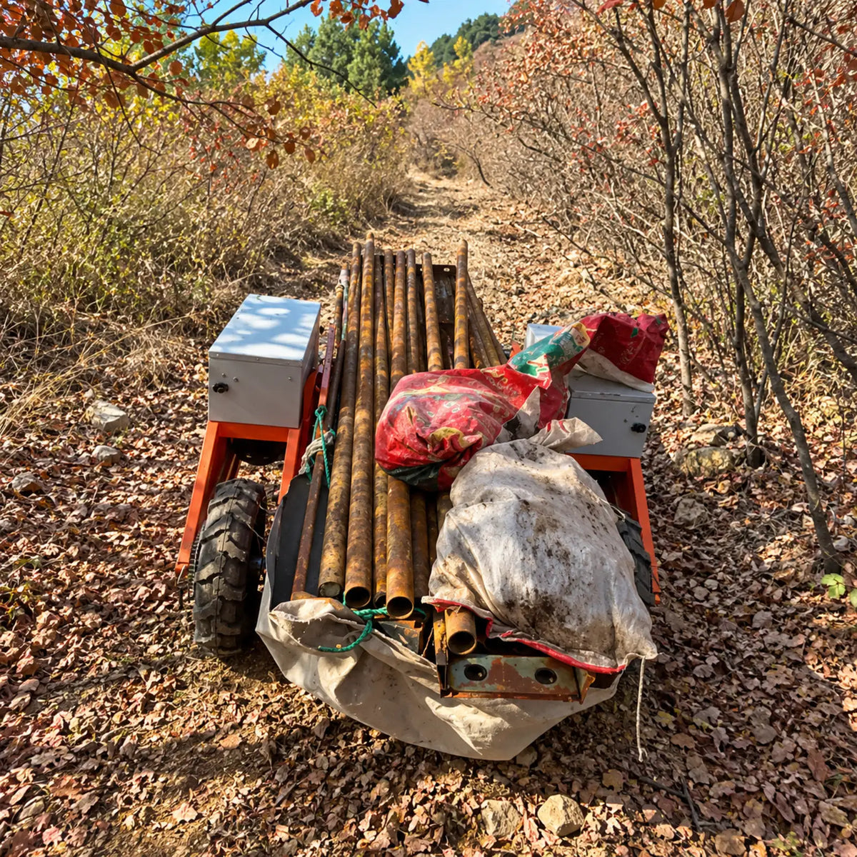 MoveCarry MC800 utility cart carrying pipes and work materials on a rough farm trail during real-world load testing.